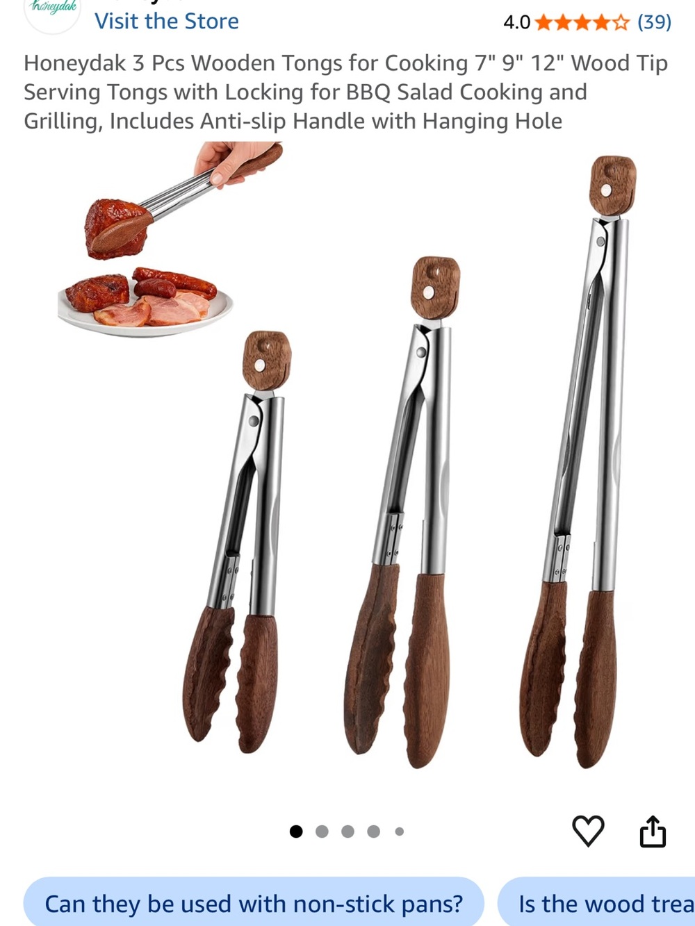 Honeydak Brown Wooden-Handle Stainless Steel Kitchen Tongs Set (3 Pc)